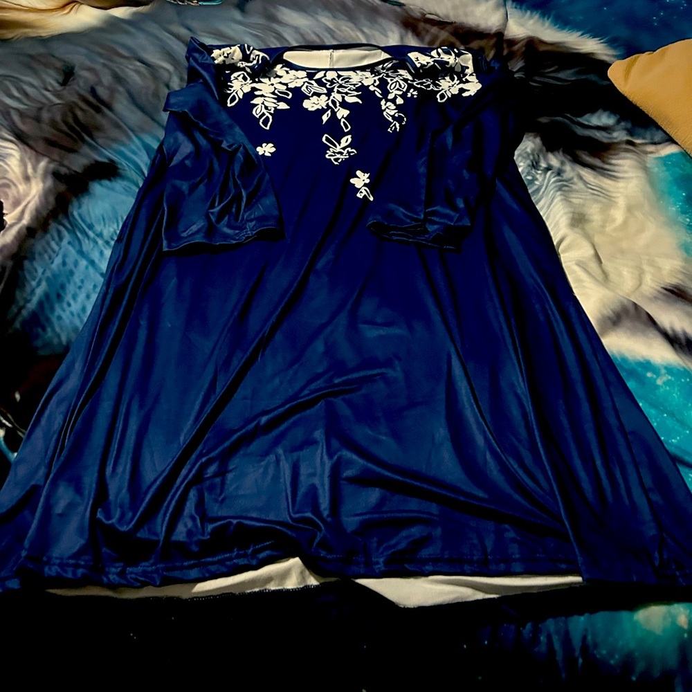 Navy Blue Dress with White Floral Embroidery